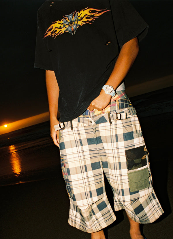 DOUBLE WAIST MULTI-PLAID CARGO SHORTS