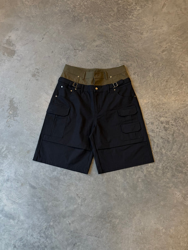DOUBLE WAIST BLACK/GREEN CARGO SHORTS