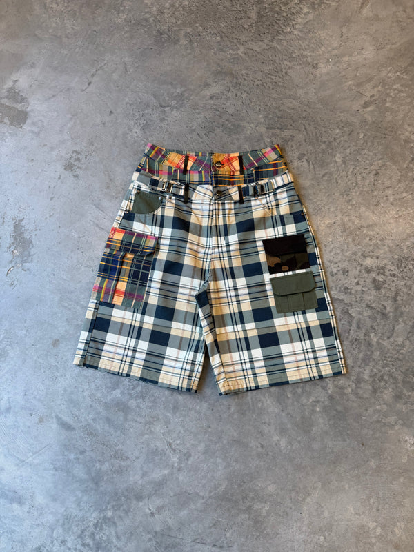 DOUBLE WAIST MULTI-PLAID CARGO SHORTS