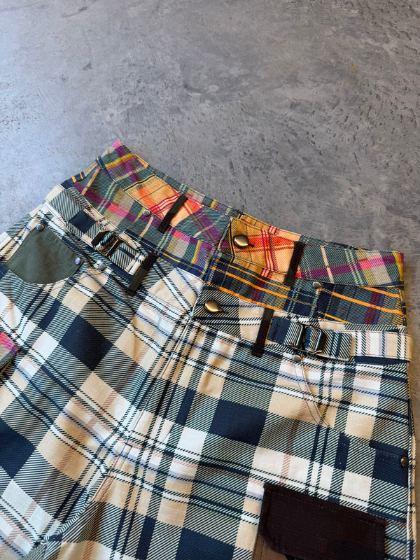 DOUBLE WAIST MULTI-PLAID CARGO SHORTS