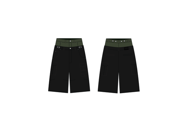 DOUBLE WAIST BLACK/GREEN CARGO SHORTS