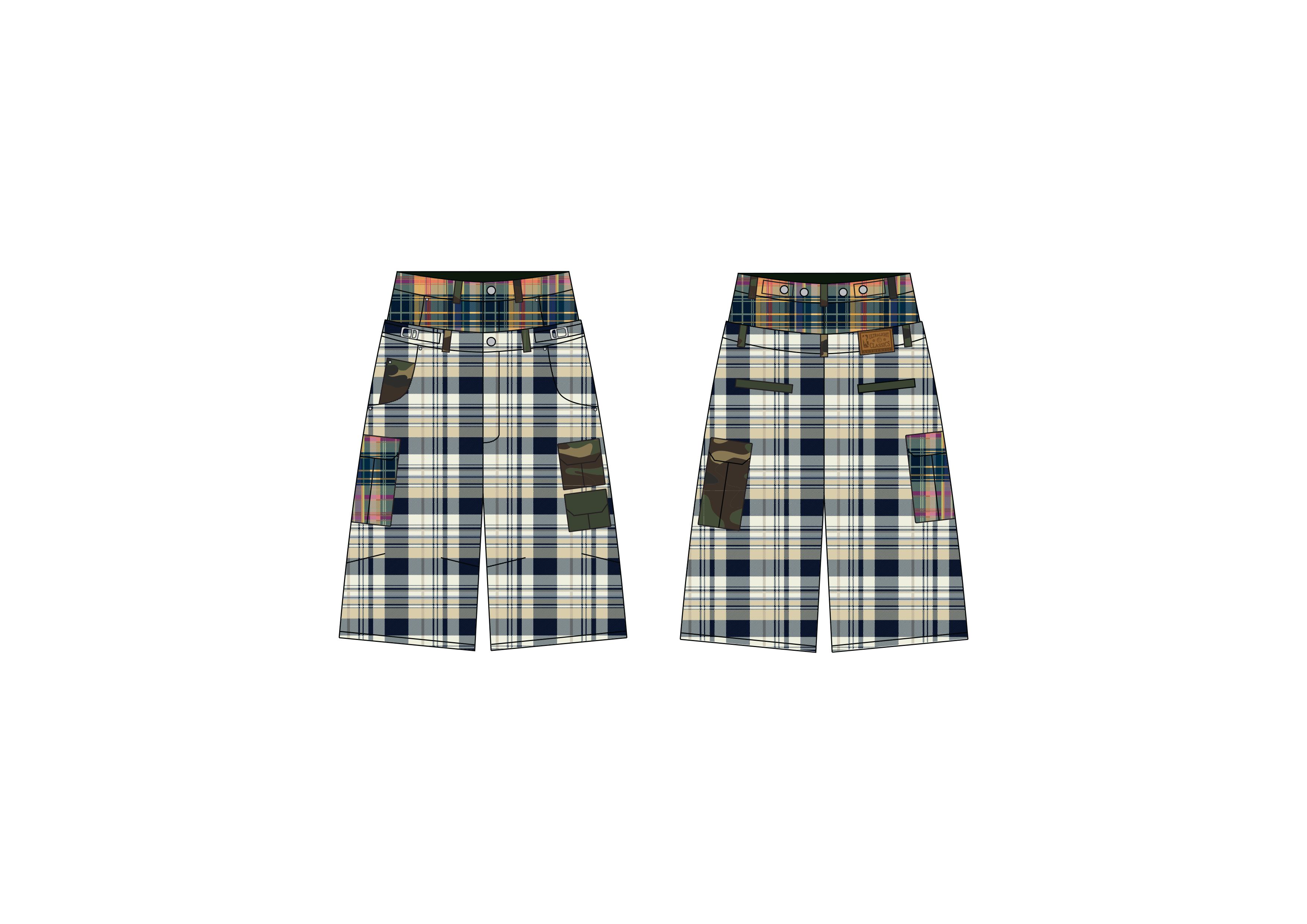 DOUBLE WAIST MULTI-PLAID CARGO SHORTS